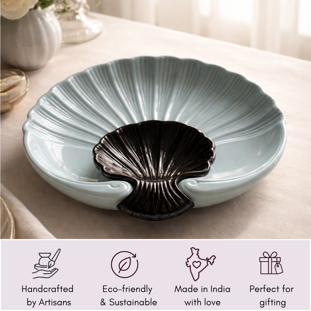IndoCasa Shell-Shaped Ceramic Platter with Dip Bowl – 11”