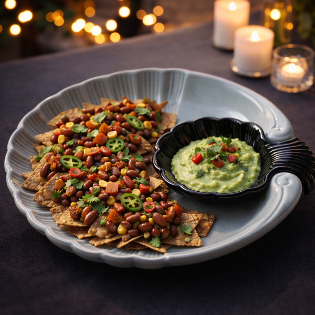 IndoCasa Shell-Shaped Ceramic Platter with Dip Bowl – White & Black | 11”