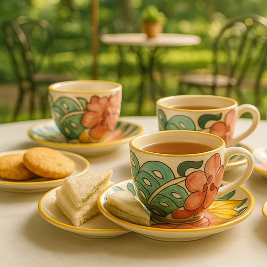 Two colorful ceramic tea cups with saucers styled with milk tea and sandwiches in a cozy garden café setting