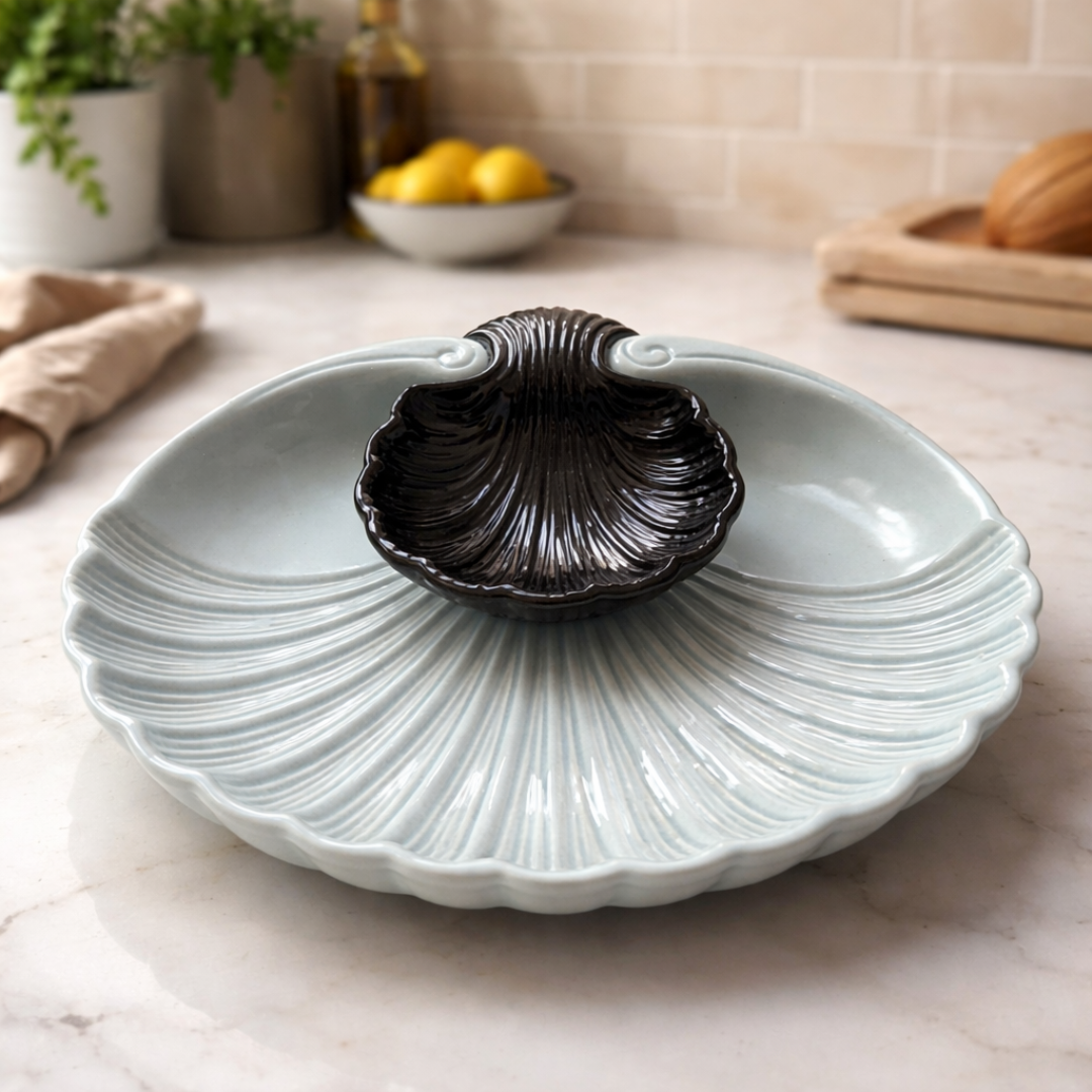 IndoCasa Shell-Shaped Ceramic Platter with Dip Bowl – White & Black | 11”