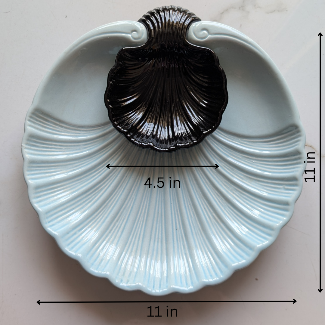 IndoCasa Shell-Shaped Ceramic Platter with Dip Bowl – White & Black | 11”