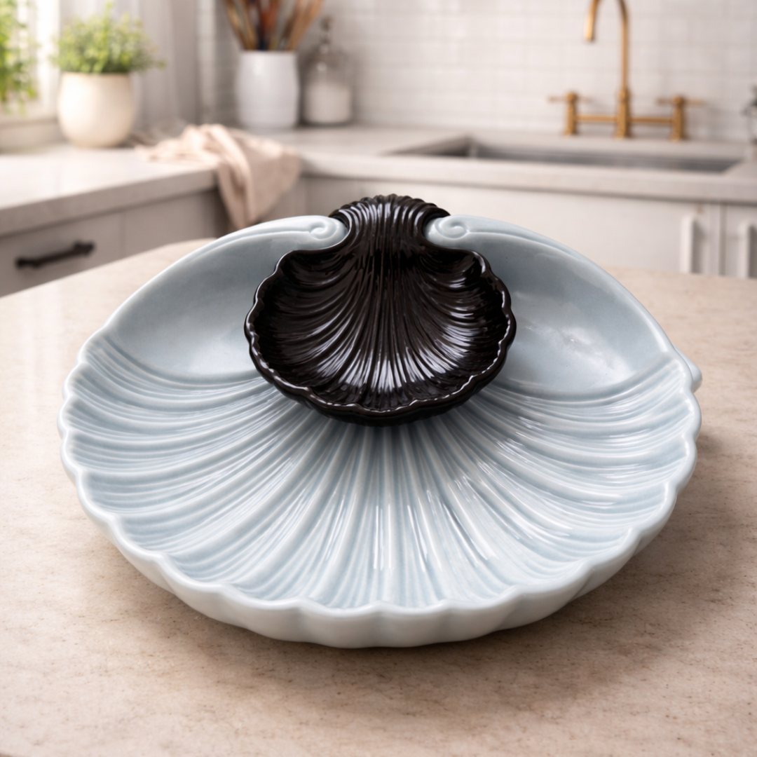 IndoCasa Shell-Shaped Ceramic Platter with Dip Bowl – White & Black | 11”