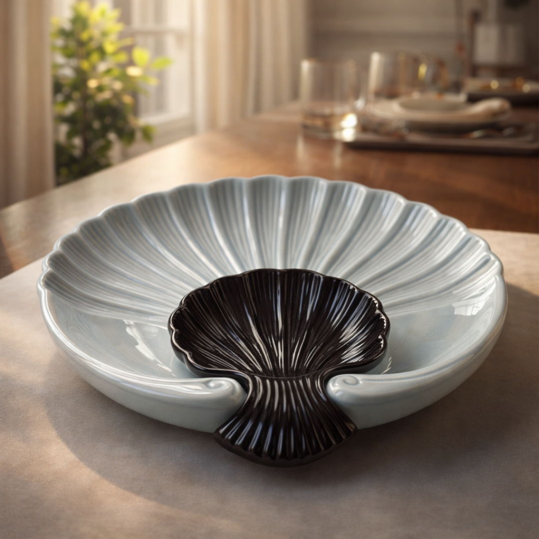 IndoCasa Shell-Shaped Ceramic Platter with Dip Bowl – White & Black | 11”