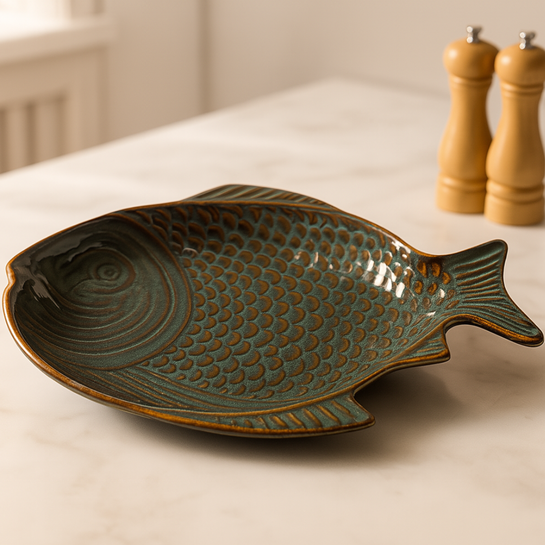 Empty handcrafted fish-shaped ceramic platter on a white ceramic kitchen counter with salt and pepper shakers