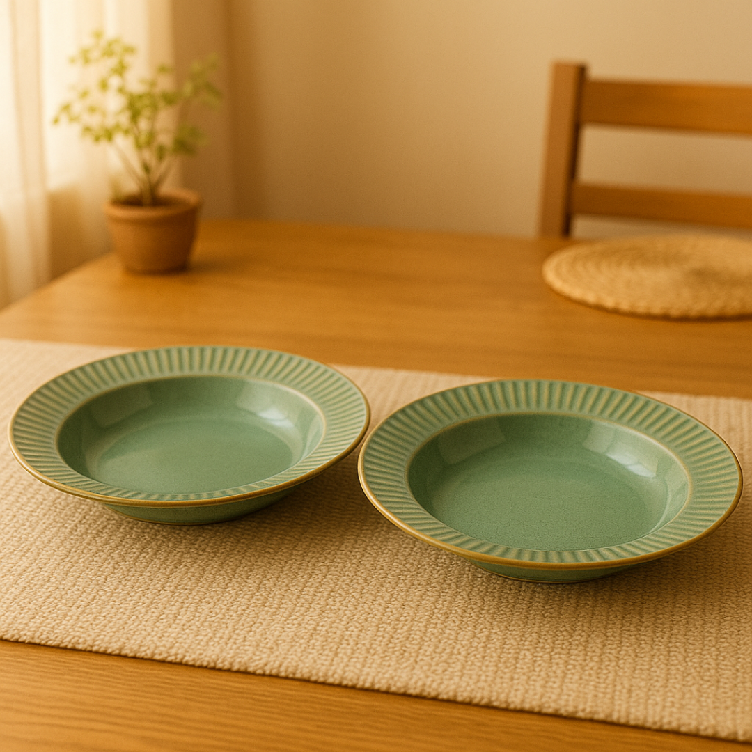 Indocasa Handcrafted Ceramic Deep Soup Plate / Shallow Bowl Set of 2 | Green Artisanal Plates for Snacks, Starters, Salad, Maggi, Noodles & Side Pasta | 7in