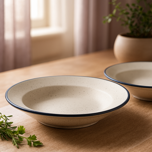 Elegant table setting with ceramic pasta plate and herb garnish