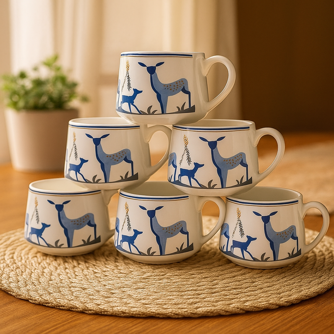 Stacked set of IndoCasa handcrafted ceramic kulhad cups with blue deer artwork.