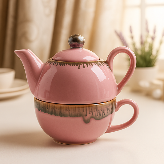 Pink ceramic tea-for-one set with teapot stacked on teacup; artisanal design with antique gold drip.