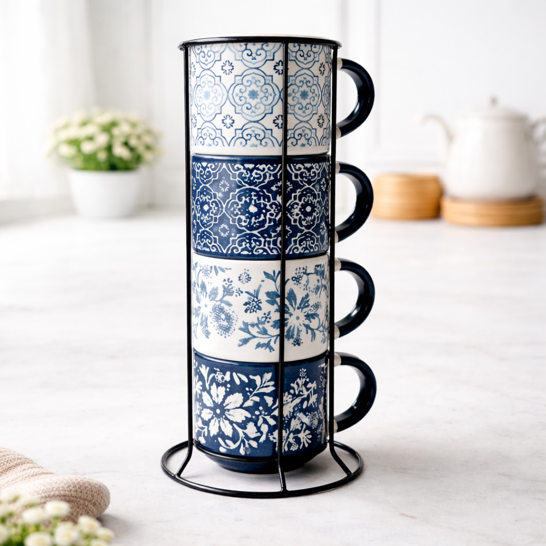 IndoCasa Ocean Floral Cups – Stackable Handcrafted Ceramic Coffee & Tea Mugs with Stand | Floral Design | Microwave & Dishwasher Safe | 220 ml (Set of 4)