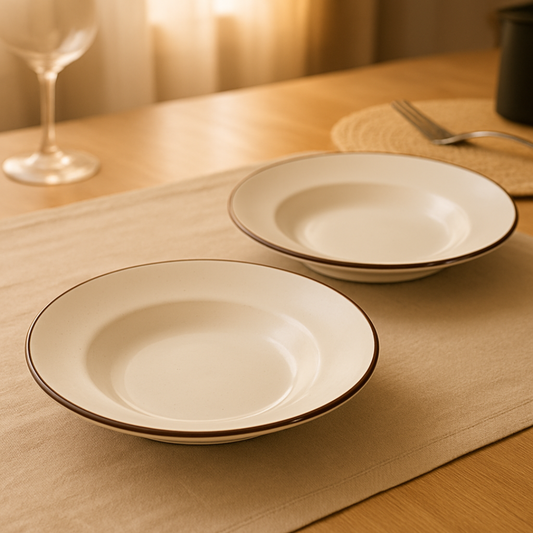 IndoCasa Handcrafted Ceramic Pasta Plates | Speckled Off-White with Brown Rim | 26.5 cm | Set of 2 / 4