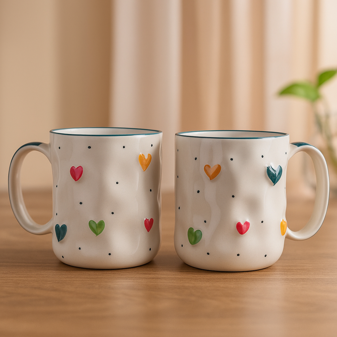 Pair of IndoCasa embossed heart mugs placed on a wooden table with soft curtain backdrop