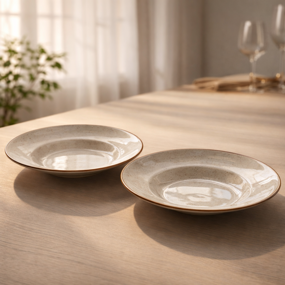 IndoCasa Handcrafted Ceramic Pasta Plates | Speckled Off-White with Brown Rim | 26.5 cm | Set of 2 / 4