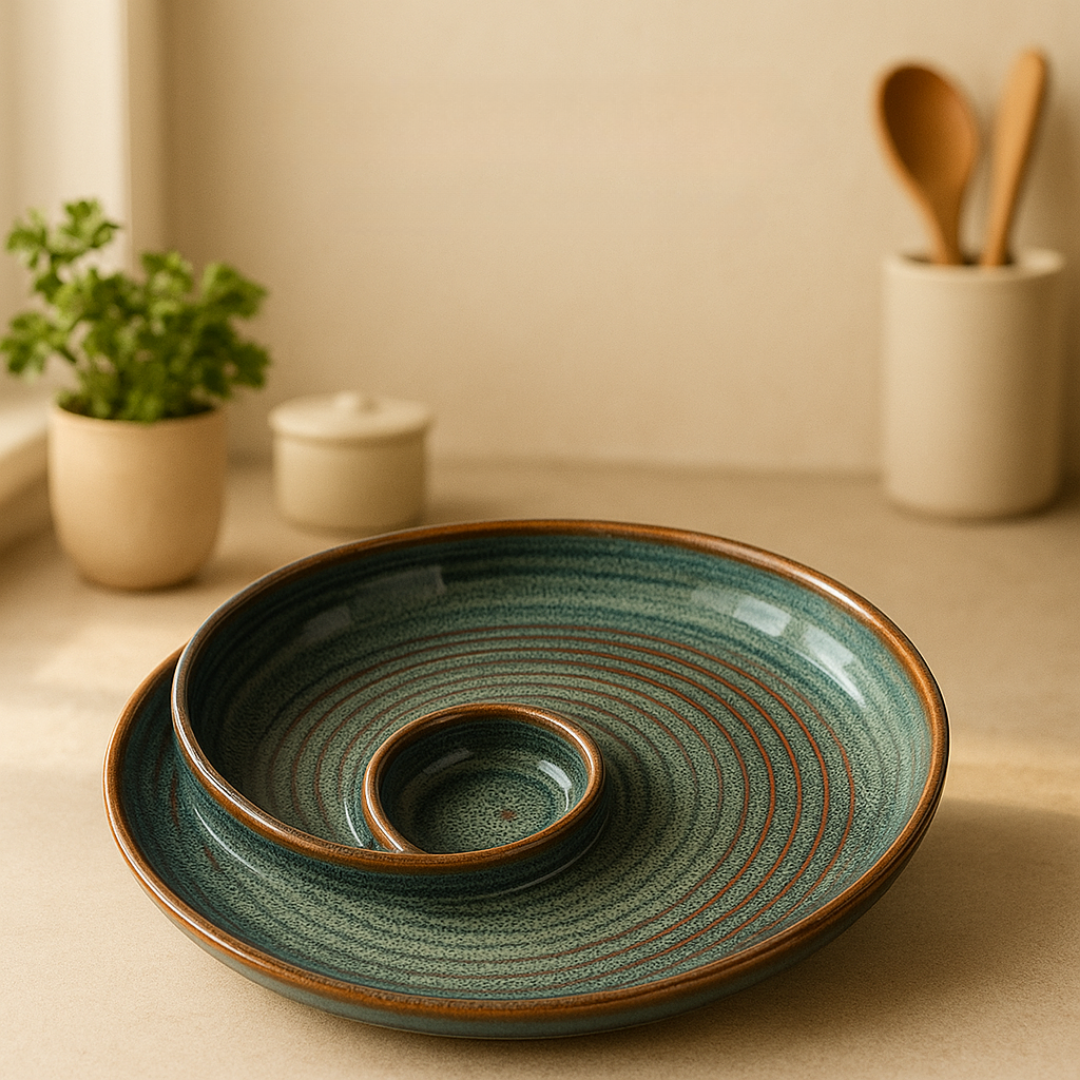 Minimalist kitchen counter setting with IndoCasa spiral platter placed under soft daylight, plants in background