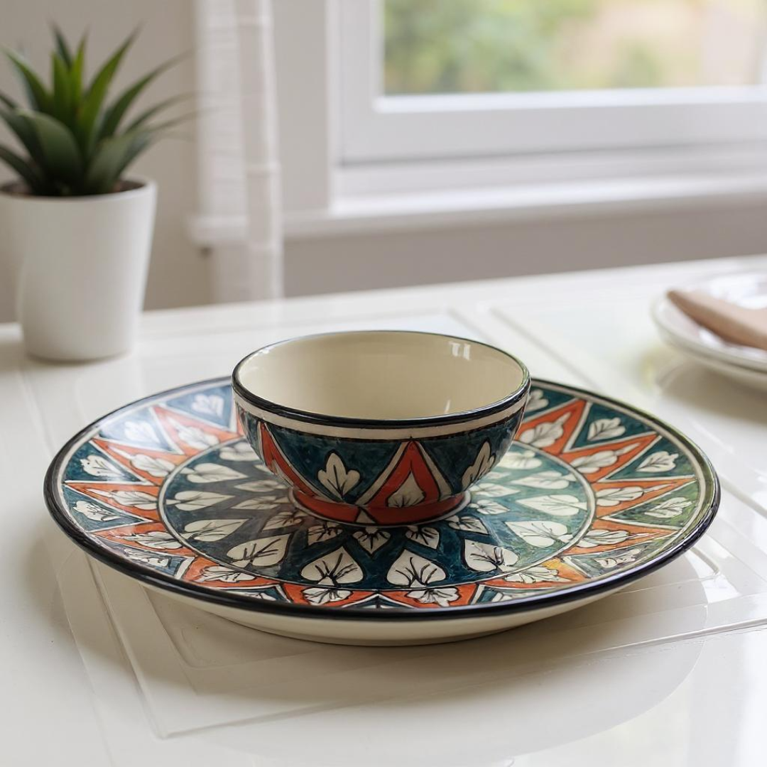 Handpainted ceramic plate and bowl set on dining table