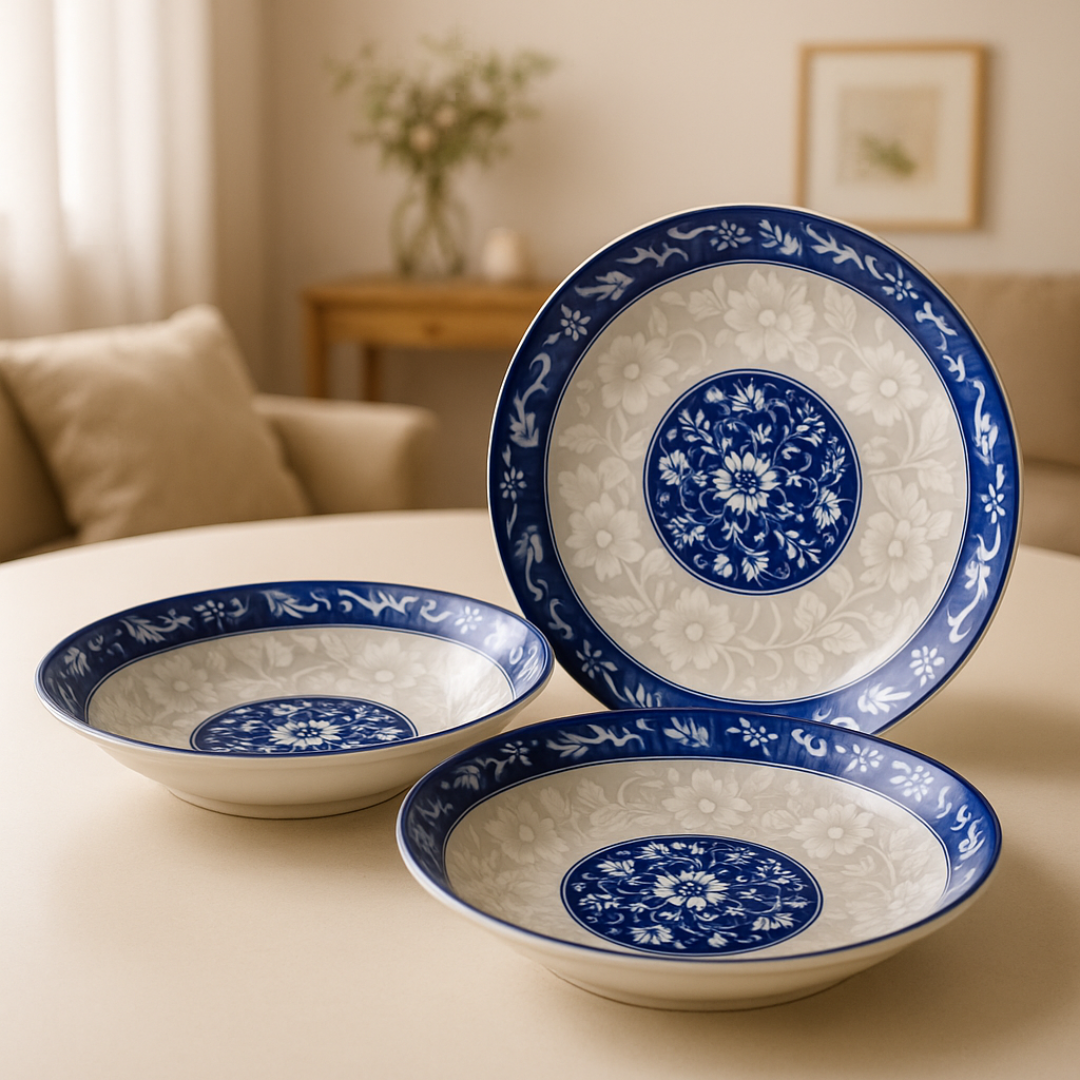 Set of blue and white ceramic plates on a table with a blurred indoor background