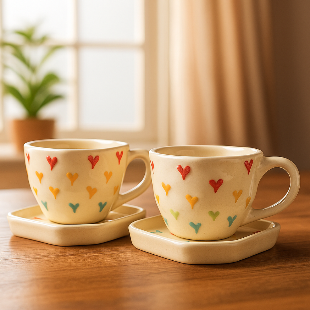 Two heart-print ceramic cups with matching plates on wooden table