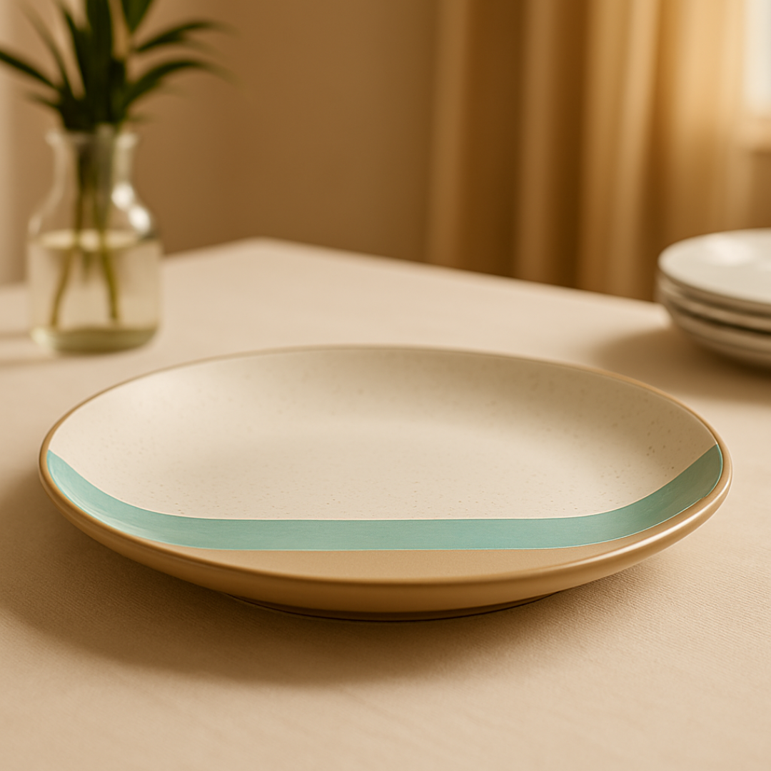 Handcrafted ceramic plate with teal detail on white dining table near a window and glass vase