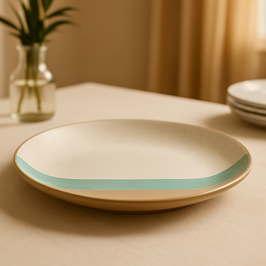 Handcrafted ceramic plate with teal detail on white dining table near a window and glass vase