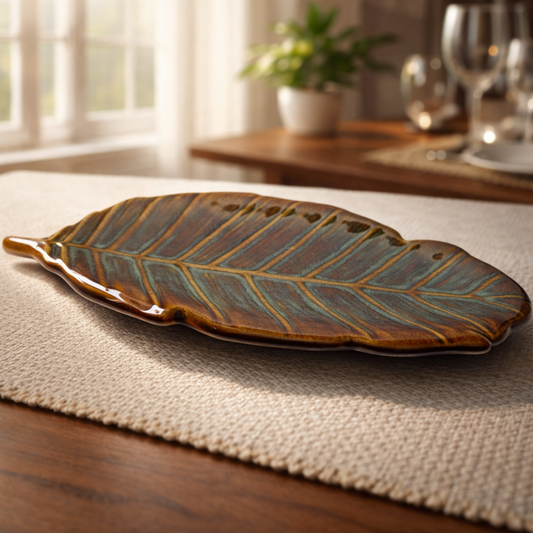 IndoCasa Handcrafted Leaf-Shaped Ceramic Platter | Brown & Green Glazed | 13” Snack & Appetiser Plate | Microwave Safe | Made in India