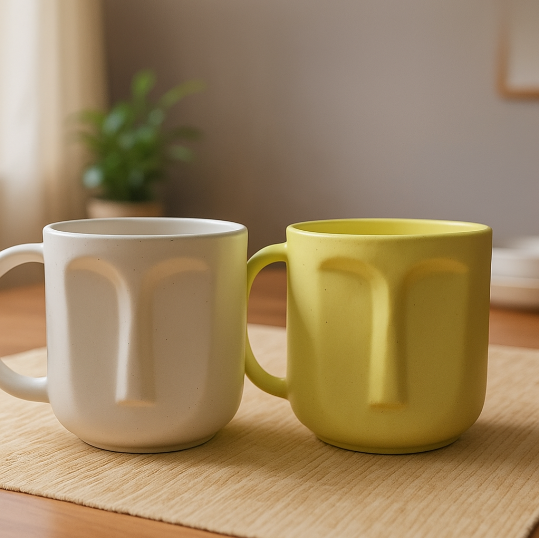 “Set of two face-embossed ceramic mugs in yellow and white with abstract design on dining mat – handcrafted by IndoCasa.”