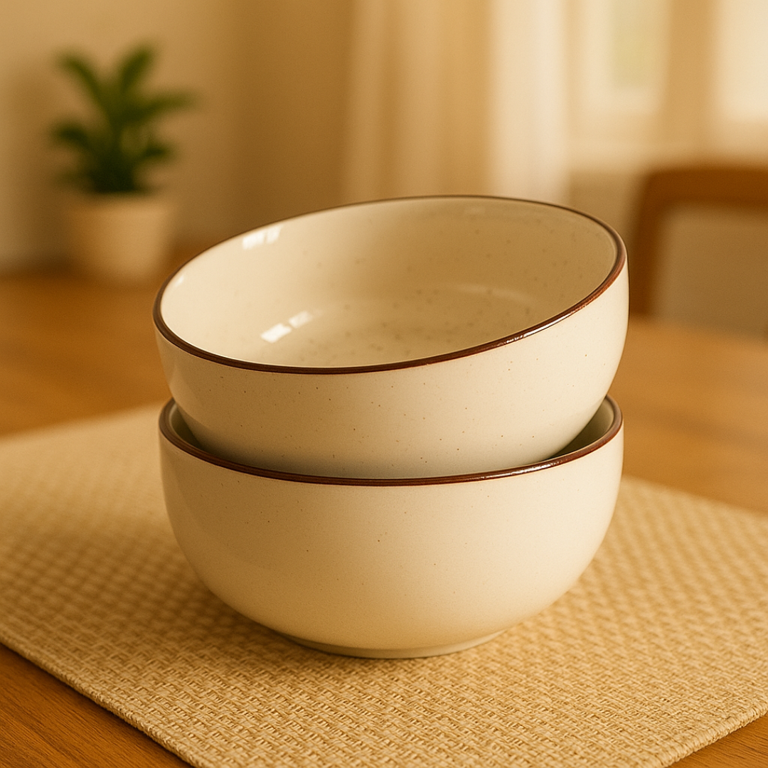 IndoCasa Handcrafted Ceramic Bowl Set of 2- Off-White with Brown Rim (6.5”)