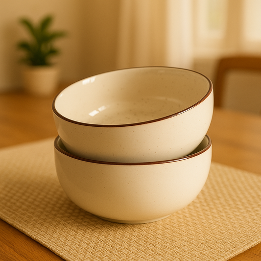 IndoCasa Handcrafted Ceramic Bowl Set of 2- Off-White with Brown Rim (6.5”)