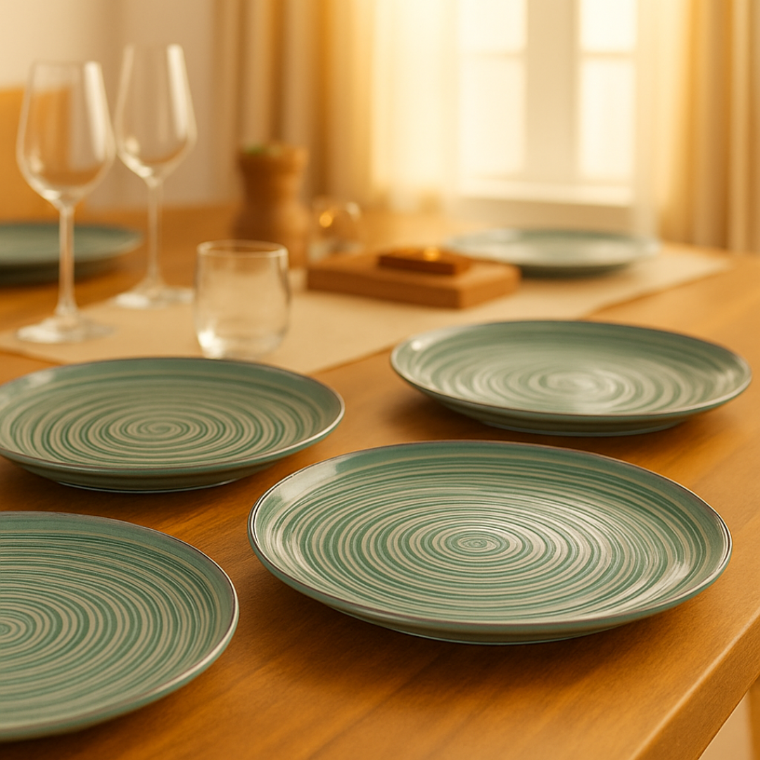 IndoCasa Handcrafted Ceramic Dinner Plate Set- 26 cm | Green Spiral Glazed Plates |Set of 4