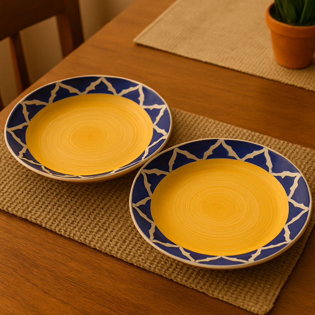 IndoCasa Handcrafted Ceramic Pasta Plate Set of 2– Yellow & Cobalt Blue Moroccan pattern