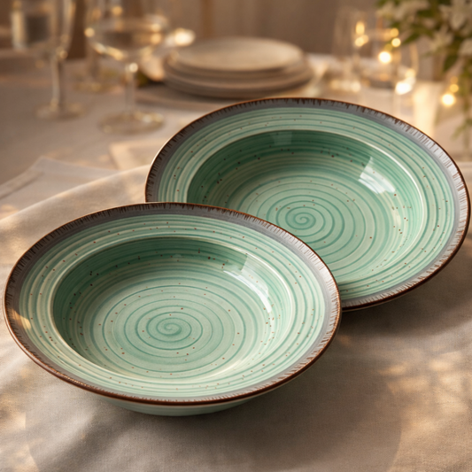 IndoCasa Handcrafted Ceramic Pasta Plate Set of 2,4 | Deep Round 9” Plates for Pasta, Salads, Bowls & Mains | Microwave & Dishwasher Safe | Sage Green with Speckled Glaze| Gift-Ready