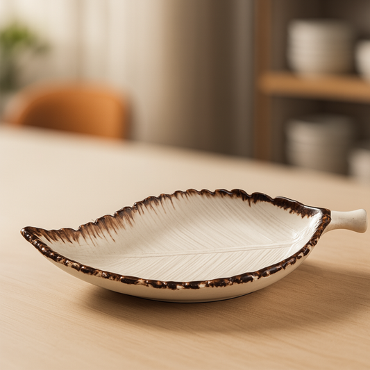 Side view of the empty ceramic platter showing depth and elegant detailing.