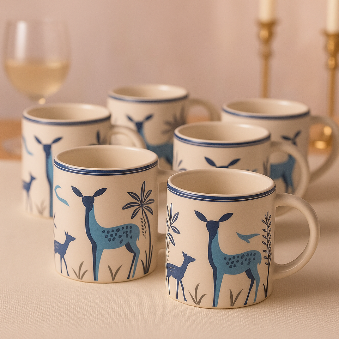 Set of six mugs in a warm, elegant dining setup