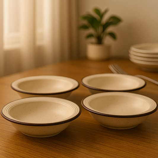 IndoCasa Handcrafted Ceramic Shallow Breakfast Bowls Set of 4 | 18 cm Speckled Off-White with Brown Rim