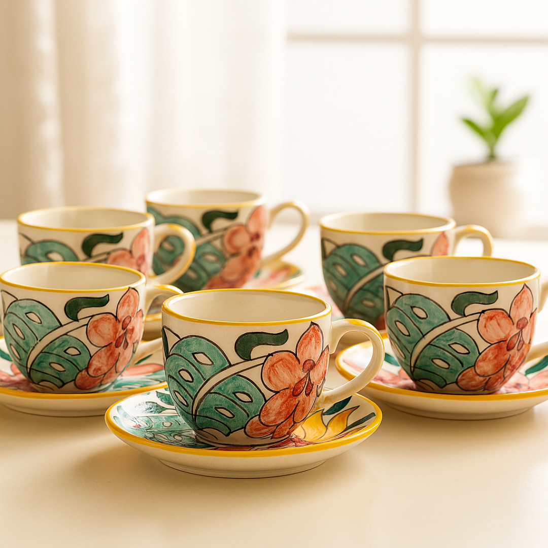 Bohemian-style ceramic tea cups and saucers set of 6 with tropical floral hand-painted design placed elegantly on a cream ceramic table