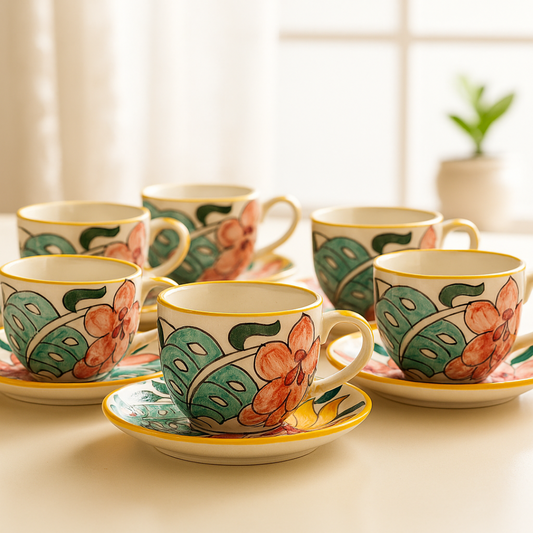Bohemian-style ceramic tea cups and saucers set of 6 with tropical floral hand-painted design placed elegantly on a cream ceramic table