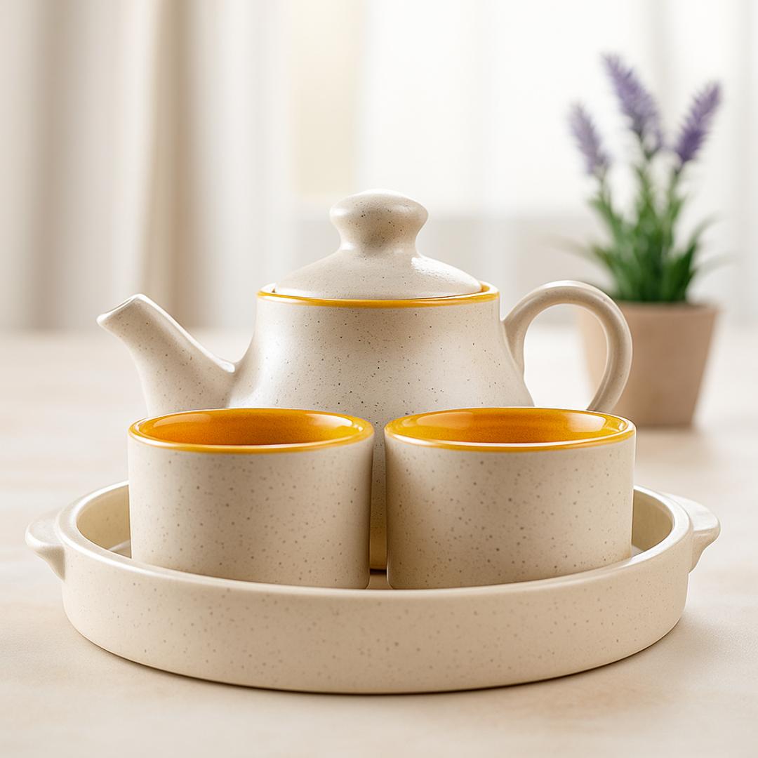 Elegant handcrafted ceramic tea set with teapot and two cups on a round tray, beige with mustard yellow interior, placed on a soft white ceramic dining table with lavender plant in background.