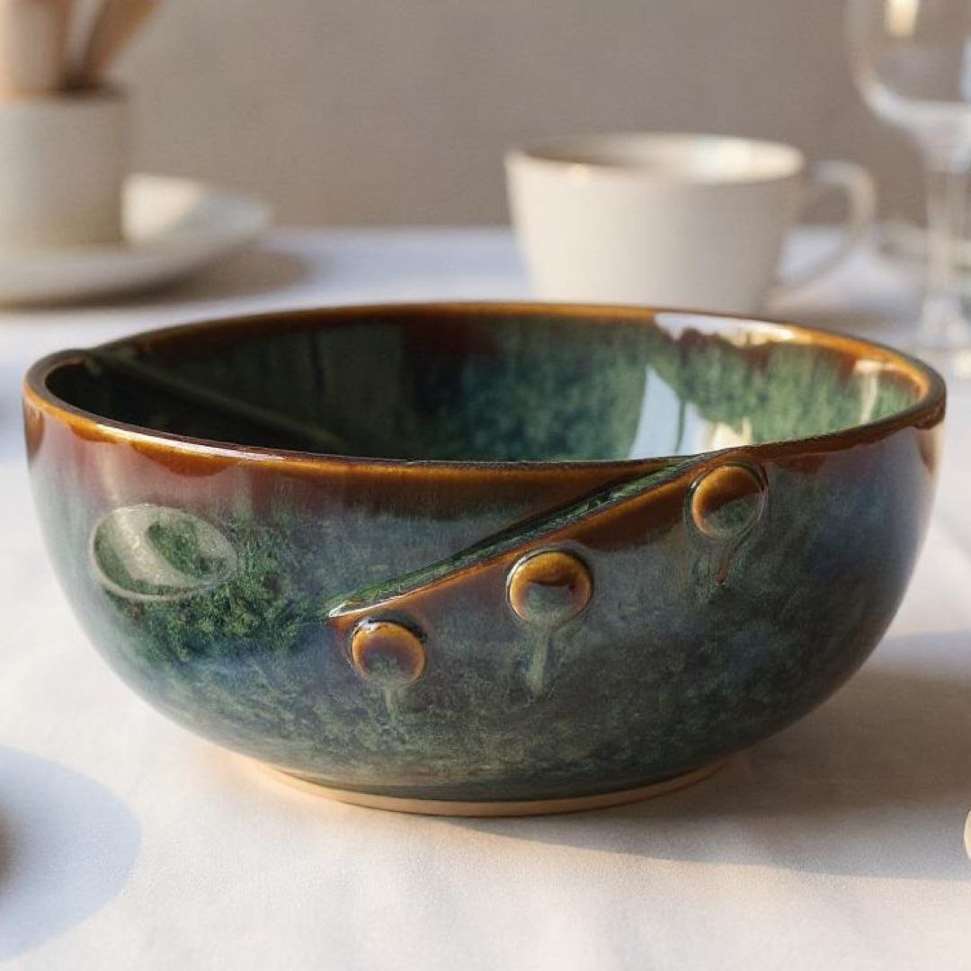 Handcrafted rustic green ceramic bowl with textured detailing, IndoCasa premium tableware