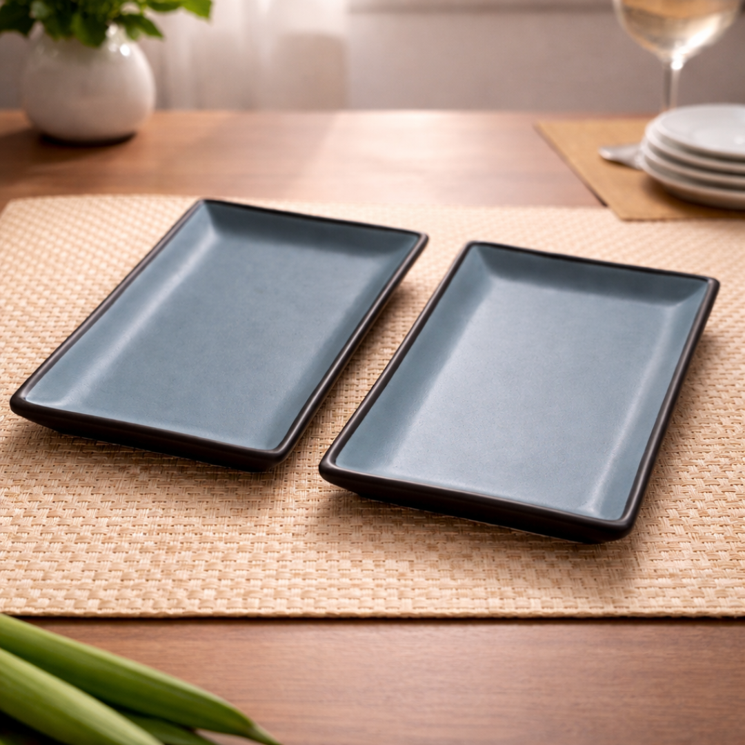 IndoCasa Handcrafted Ceramic Rectangular Serving Platter Set of 2 | Minimal Blue-Grey Glazed Platters for Snacks, Starters, Sushi & Desserts | 9.5 x 5.5 Inch | Microwave & Dishwasher Safe | Elegant Gifting