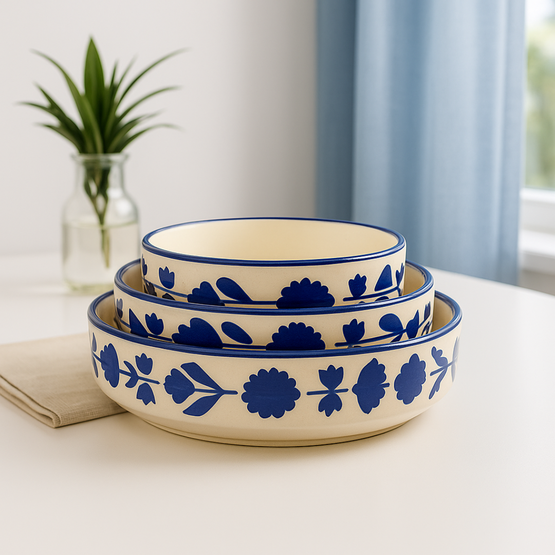 Stack of handcrafted ceramic bowls placed near a blue curtain and window, styled with indoor plant and soft white lighting.