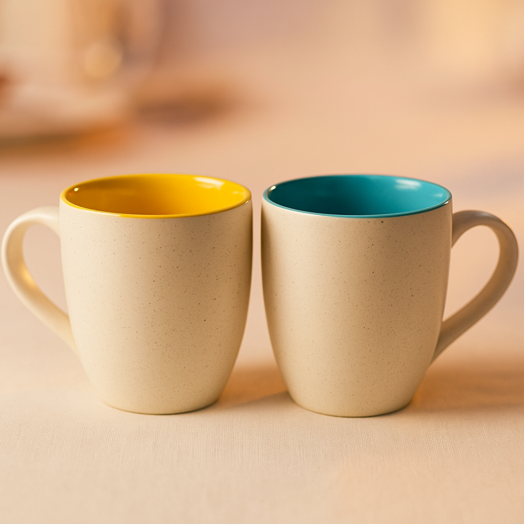 Set of two IndoCasa dual-tone ceramic mugs with yellow and teal interiors