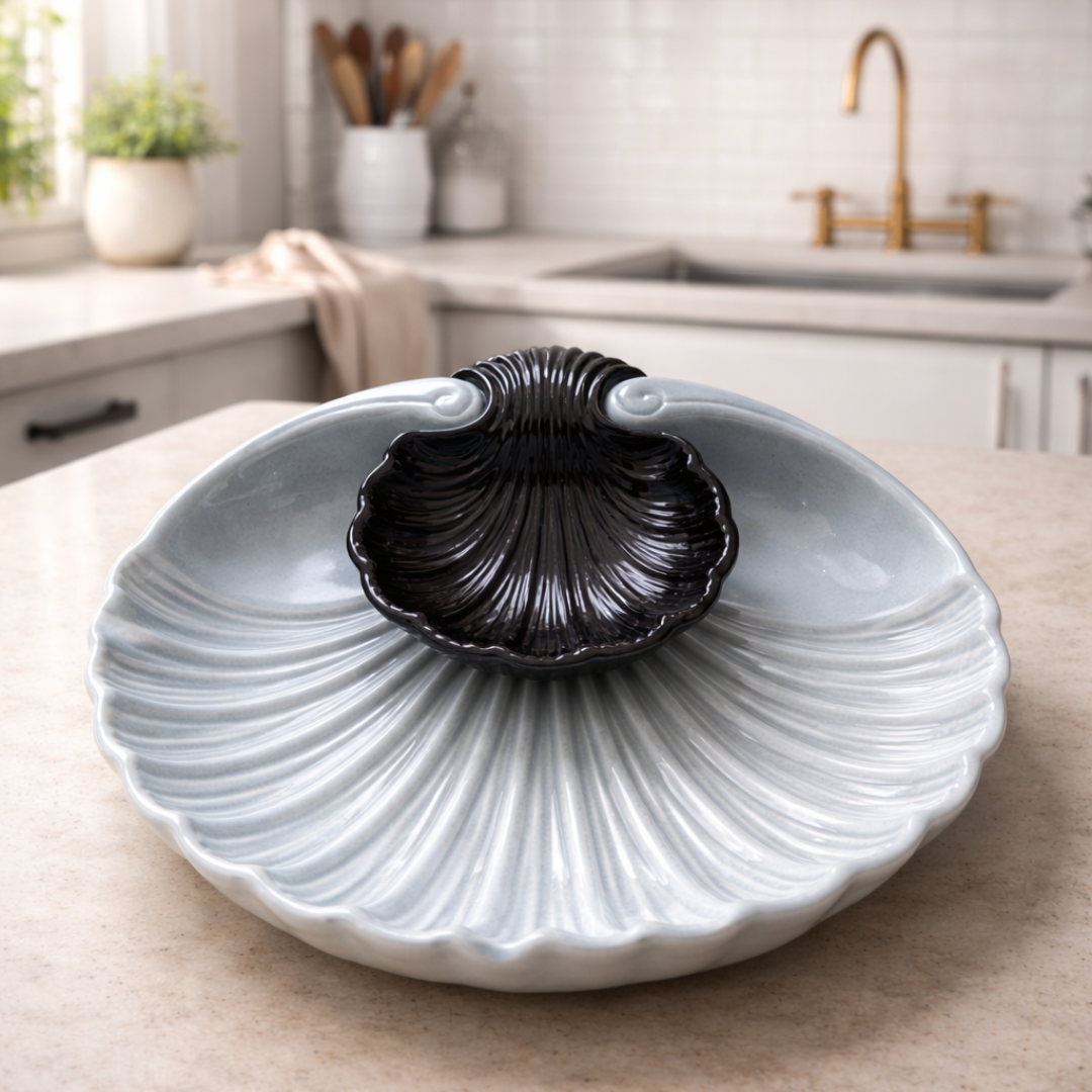 IndoCasa Shell-Shaped Ceramic Platter with Dip Bowl – White & Black | 11”