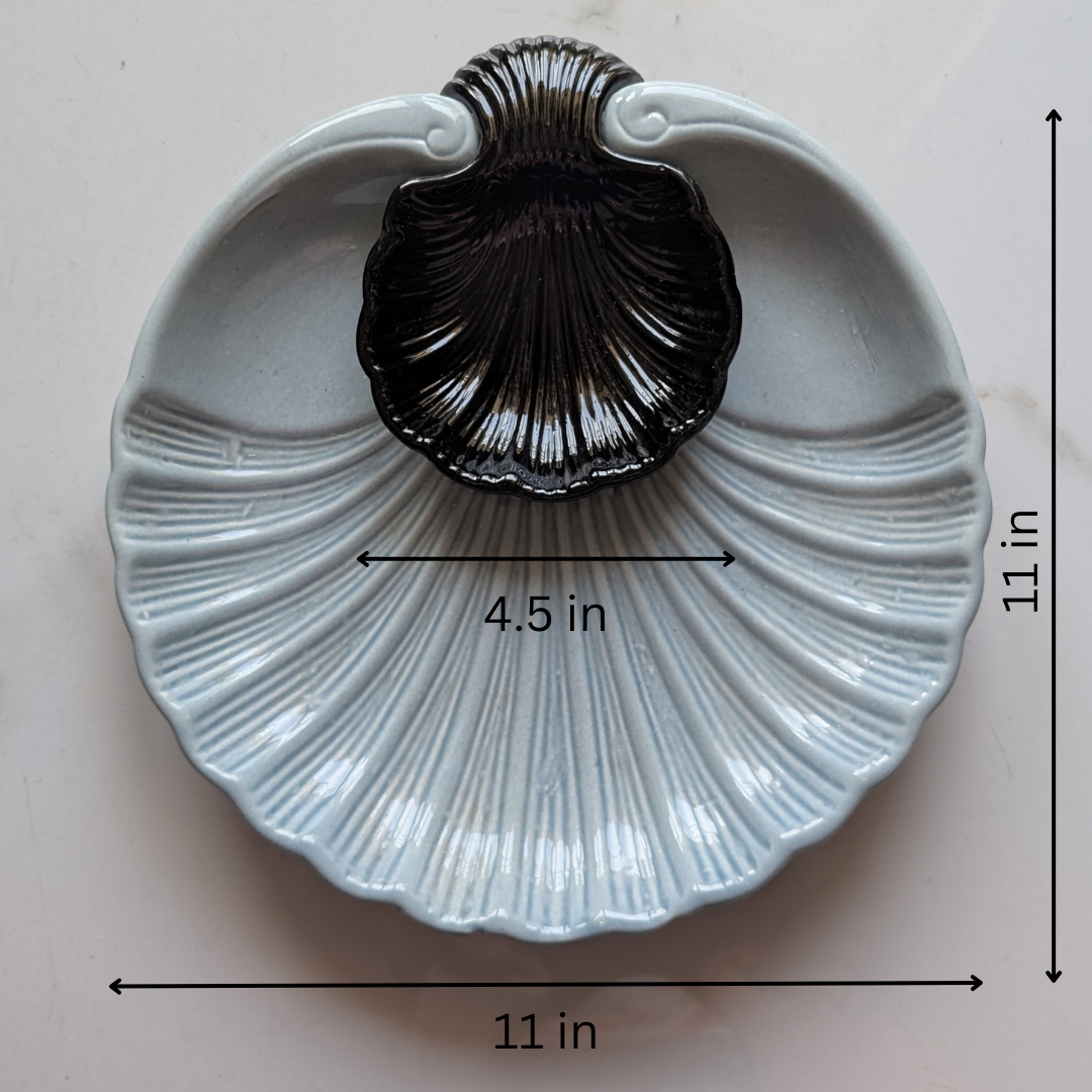 IndoCasa Shell-Shaped Ceramic Platter with Dip Bowl – White & Black | 11”