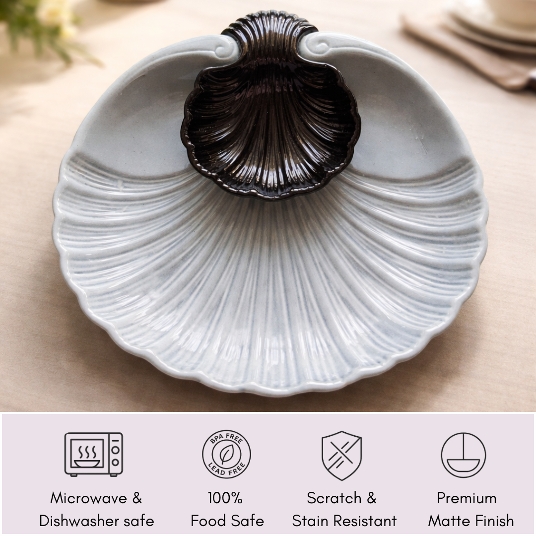 IndoCasa Shell-Shaped Ceramic Platter with Dip Bowl – White & Black | 11”
