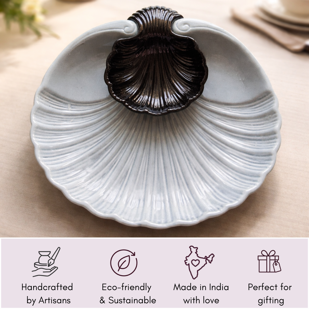 IndoCasa Shell-Shaped Ceramic Platter with Dip Bowl – White & Black | 11”