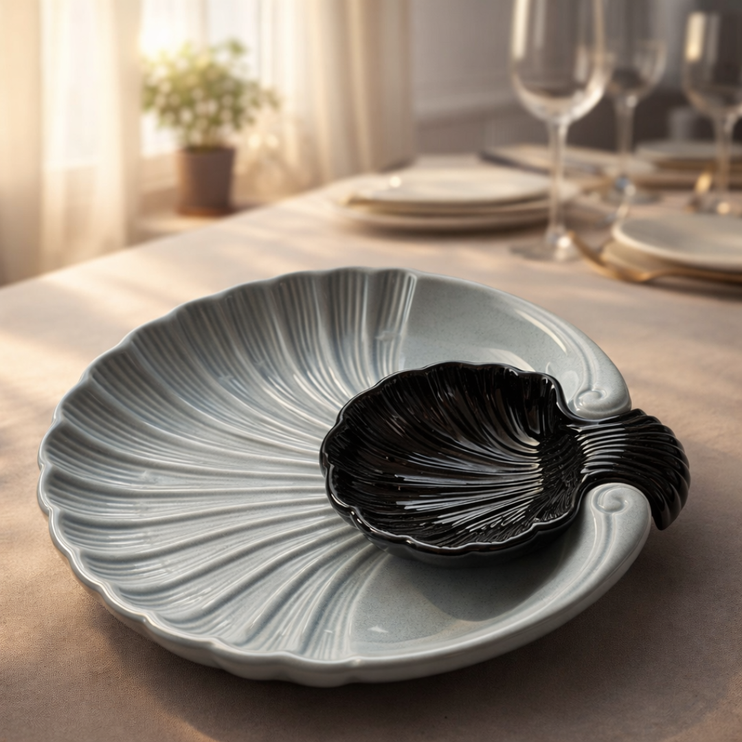 IndoCasa Shell-Shaped Ceramic Platter with Dip Bowl – White & Black | 11”