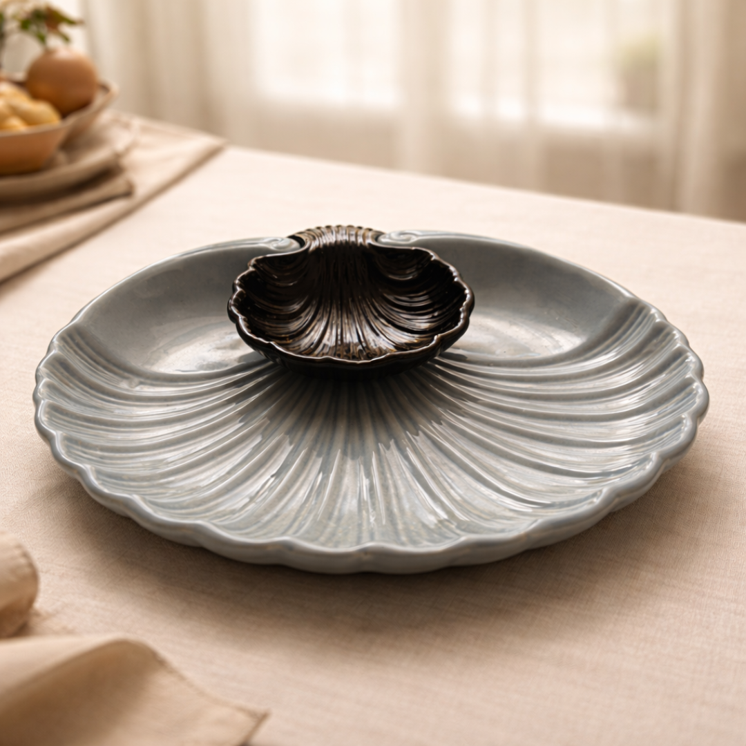 IndoCasa Shell-Shaped Ceramic Platter with Dip Bowl – White & Black | 11”