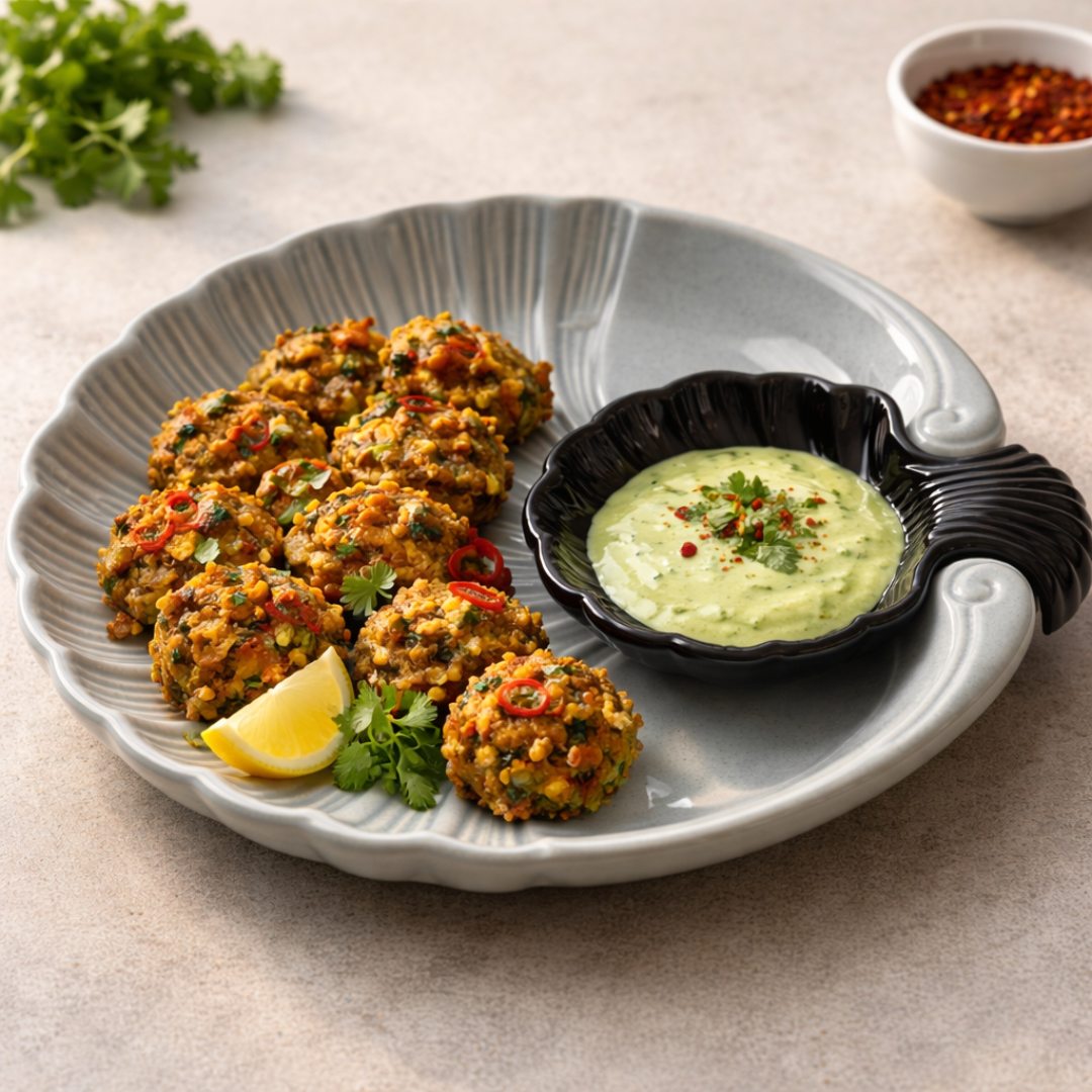 IndoCasa Shell-Shaped Ceramic Platter with Dip Bowl – White & Black | 11”