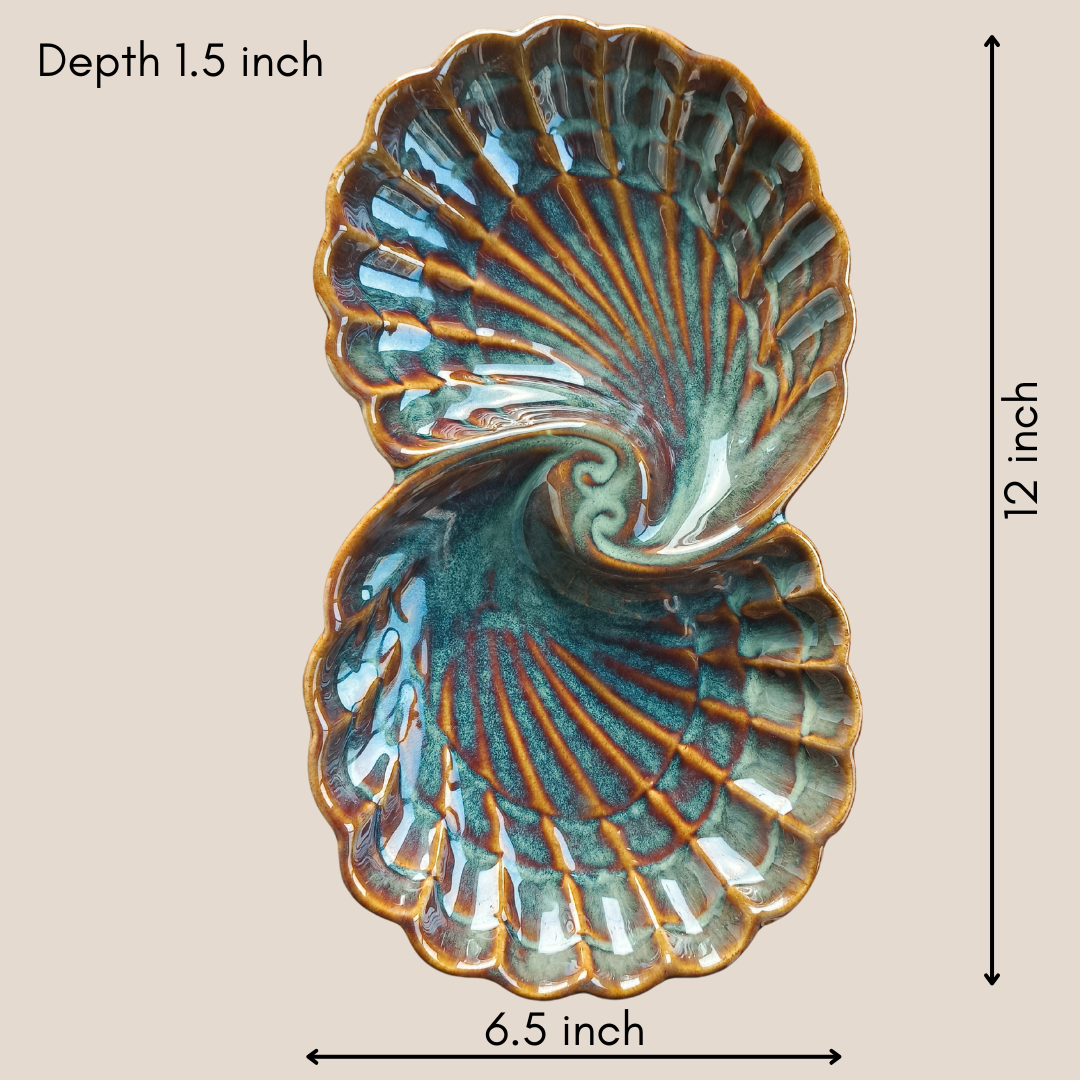 Shell ceramic platter with dual compartments showing dimensions – 12 x 6.5 x 1.5 inches