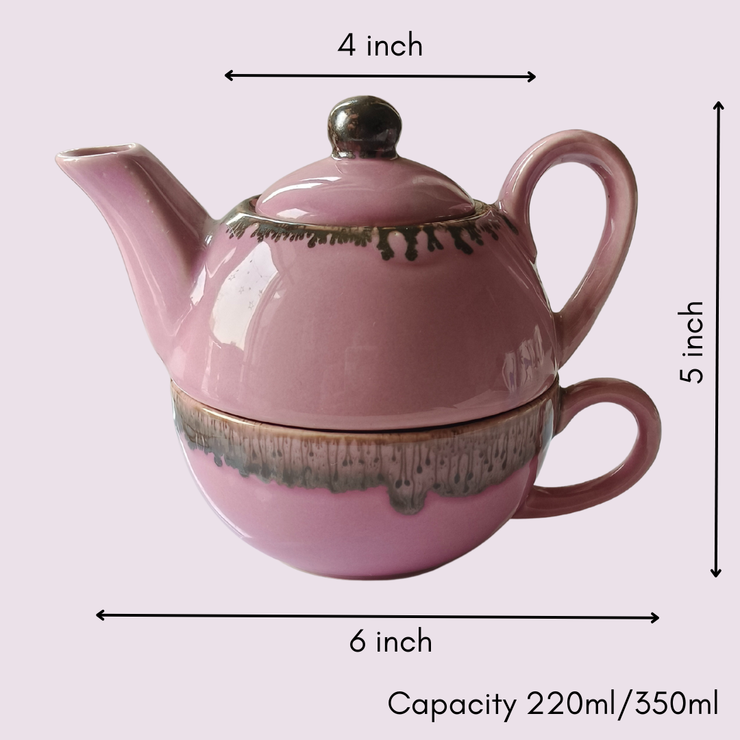 Dimensions and capacity of pink ceramic tea-for-one set (5 in x 6 in, 350ml + 220ml).