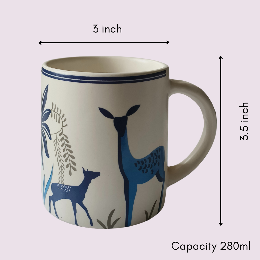 Mug with dimension labels (3" x 3.5") and 280ml capacity