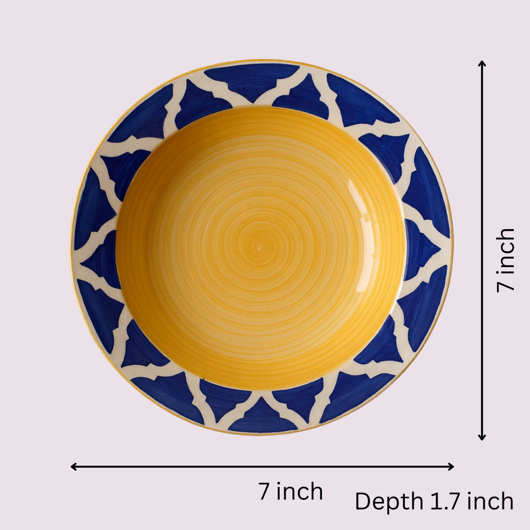 IndoCasa Handcrafted Ceramic Pasta Plate Set of 2– Yellow & Cobalt Blue Moroccan pattern